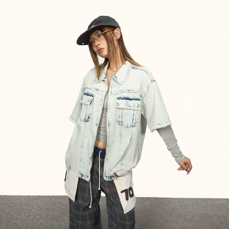 Women's Retro Washed Denim Frayed Short-sleeved Shirt