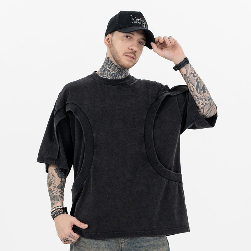 Stitching Deconstruction High Street European And American Solid Color Loose Round Neck Short Sleeve T-shirt