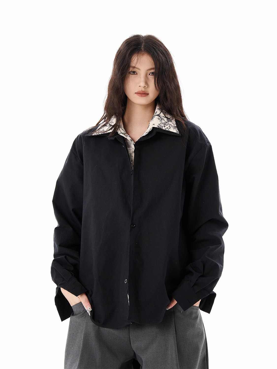 Lapel Floral False Two-piece Patchwork Loose White Long Sleeve Shirt Coat