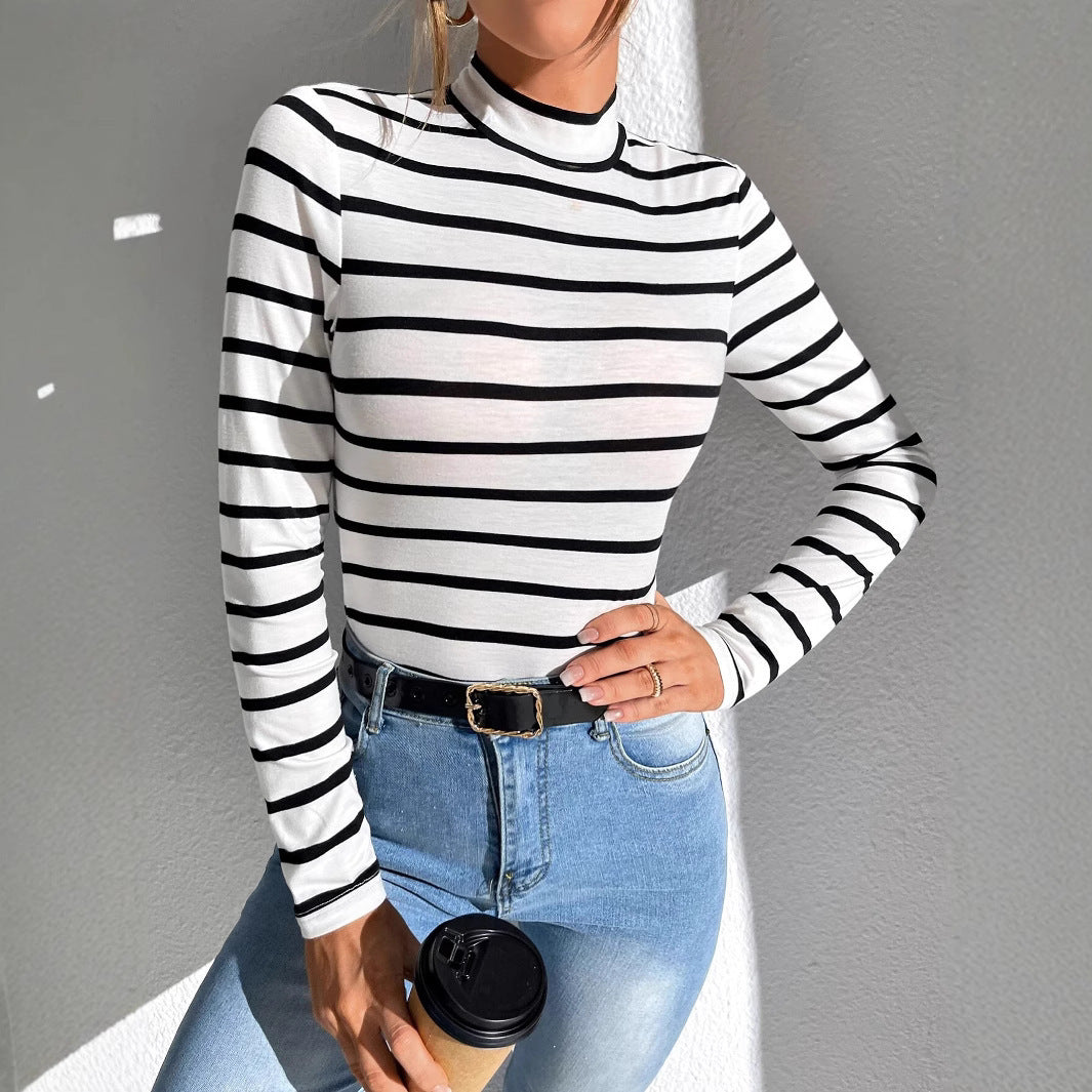 Mock-neck Stripes Bottoming Shirt Women's Long Sleeve Inner Wear