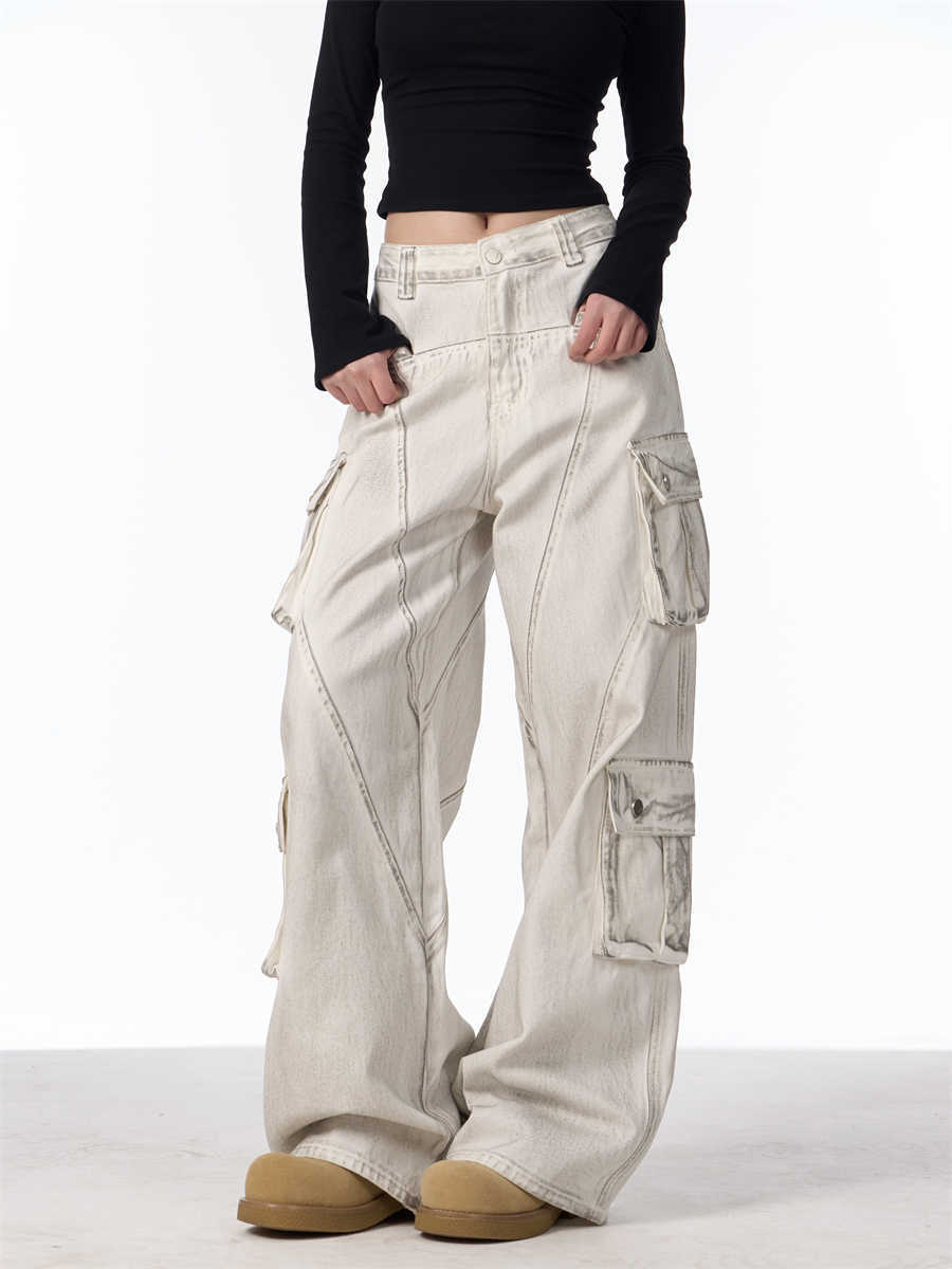 Retro Multi-pocket Cargo Pants Women's Loose Wide Leg Straight Casual Trousers