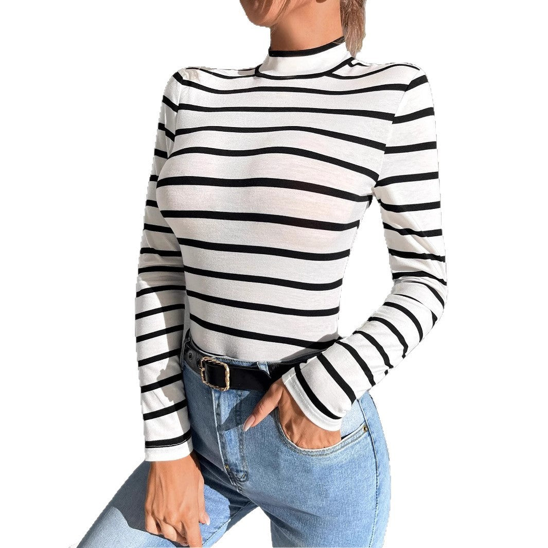Mock-neck Stripes Bottoming Shirt Women's Long Sleeve Inner Wear
