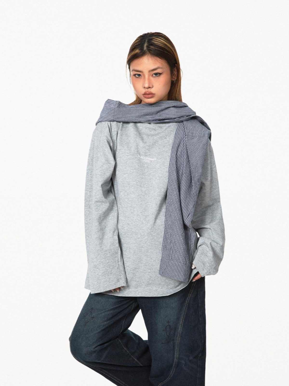 Retro Fake Two-piece Hooded Plaid Shawl Casual Long Sleeve T-shirt Top