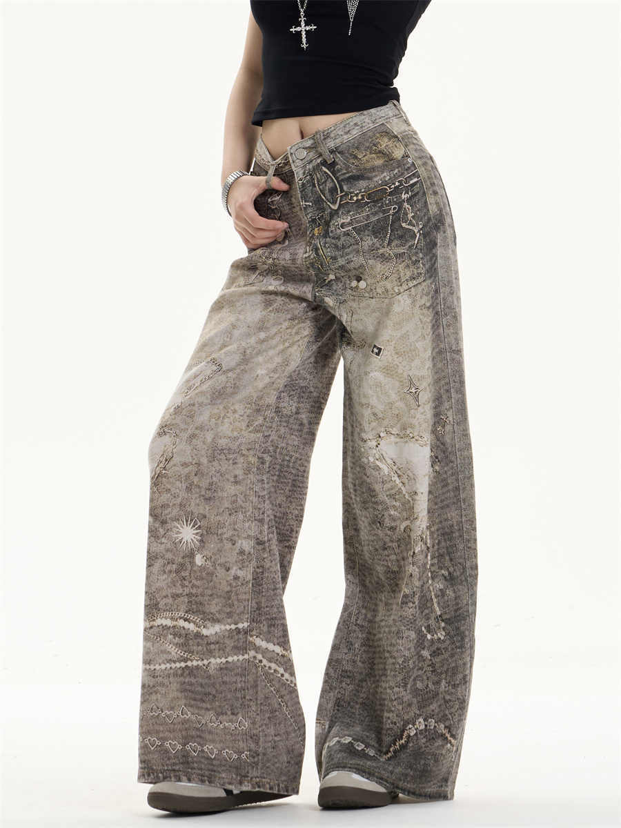 Retro Washed Worn Jeans Loose Straight Wide-leg Pants