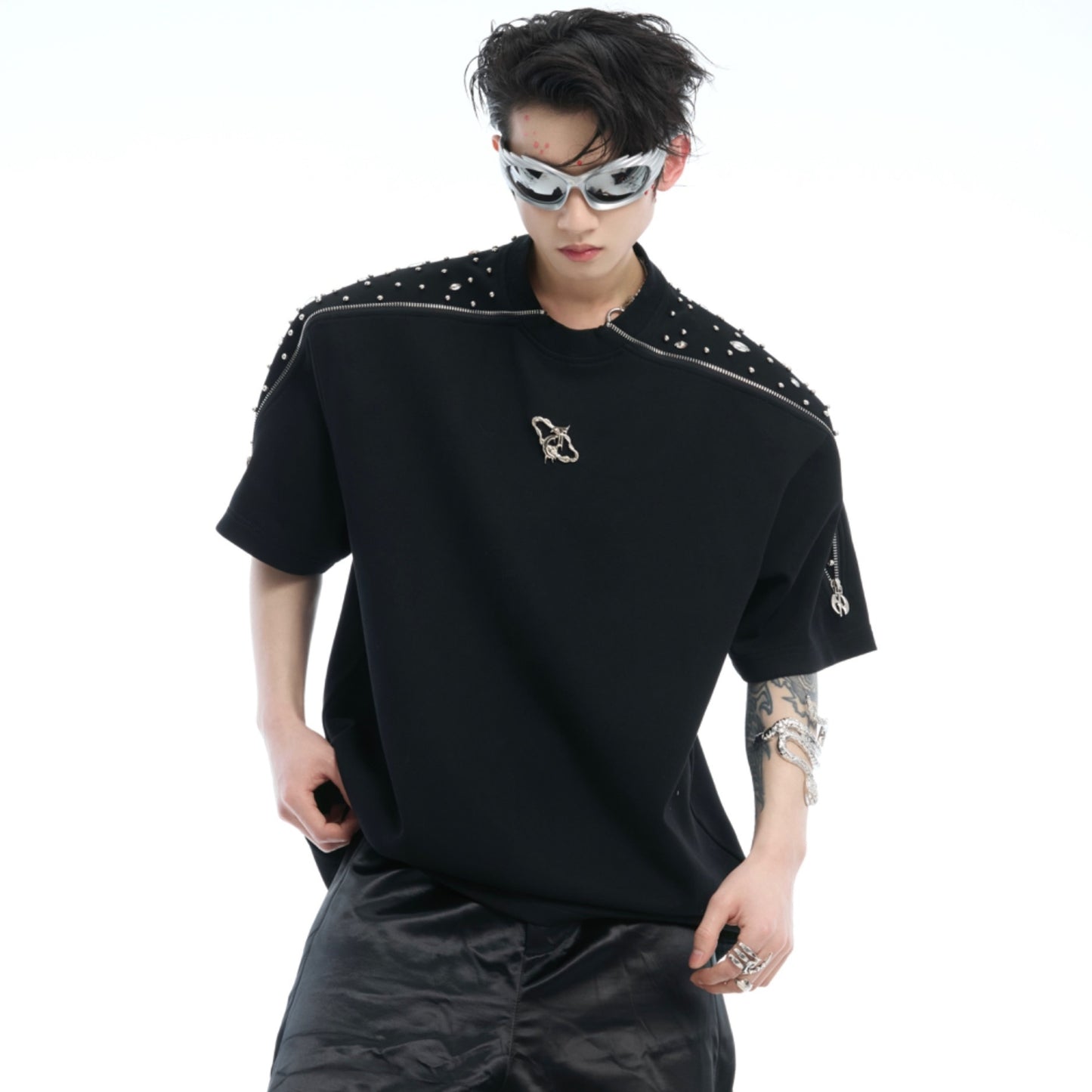 Niche Exquisite Rhinestone Metal Zipper Design Short Sleeve