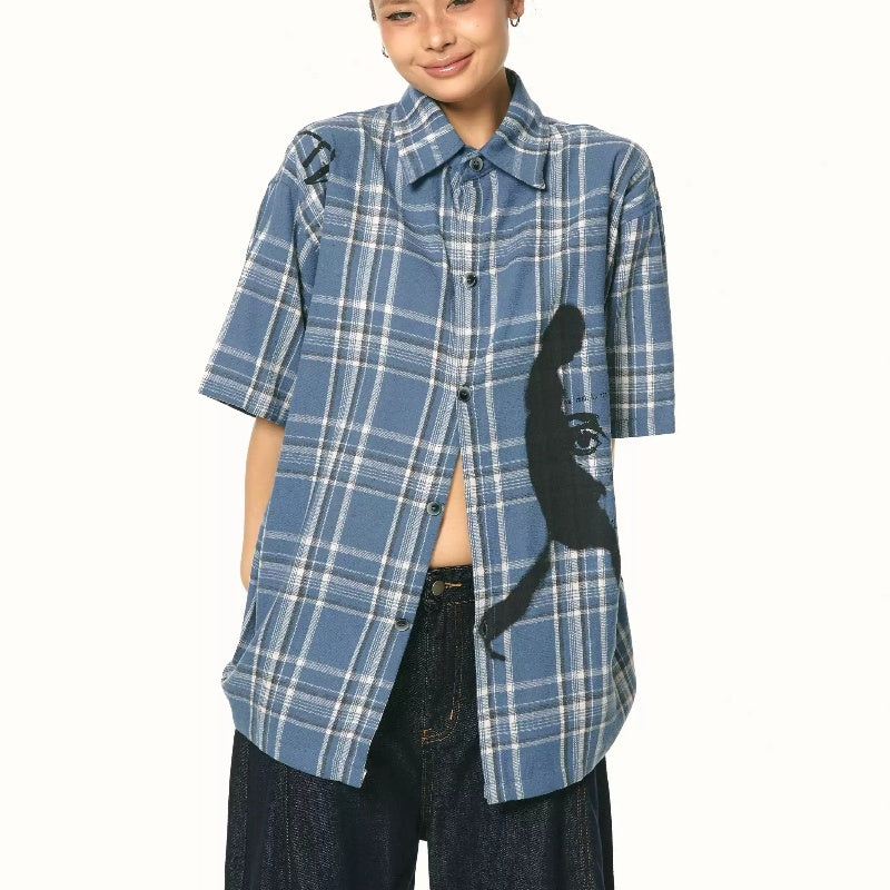 New Blue Color Plaid Loose Short Sleeve Shirt