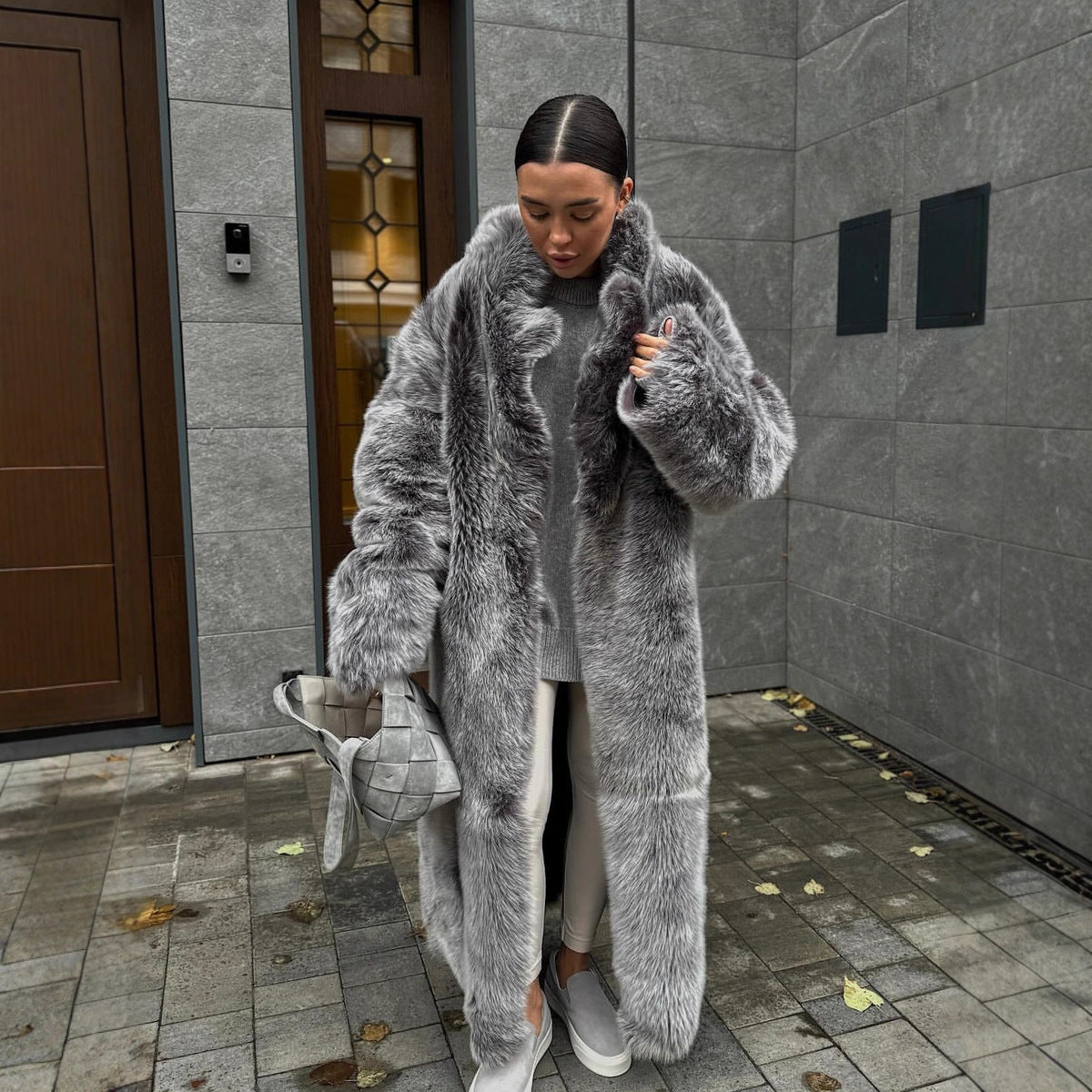 Women's Black And White Two-color Artificial Wool Coat