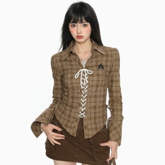 Plaid Cinched Drawstring Lace-up Shirt Women
