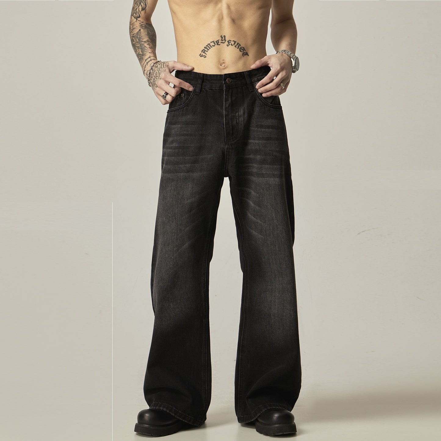 American Retro Black Loose Straight Jeans