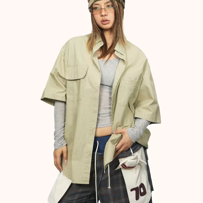 Women's Short-sleeved Shirt With Retro Workwear Pockets Summer High-grade Lapel Shirt Coat