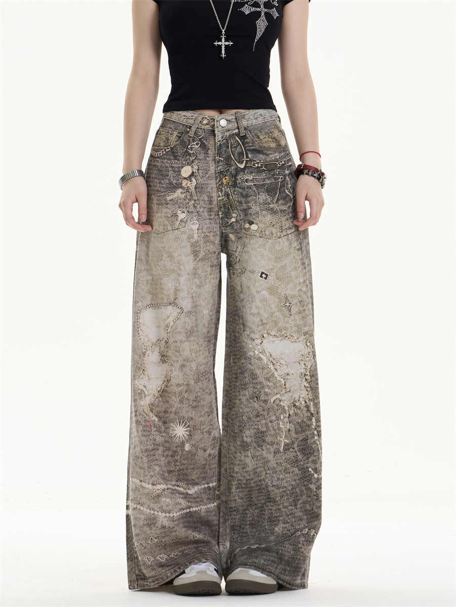 Retro Washed Worn Jeans Loose Straight Wide-leg Pants