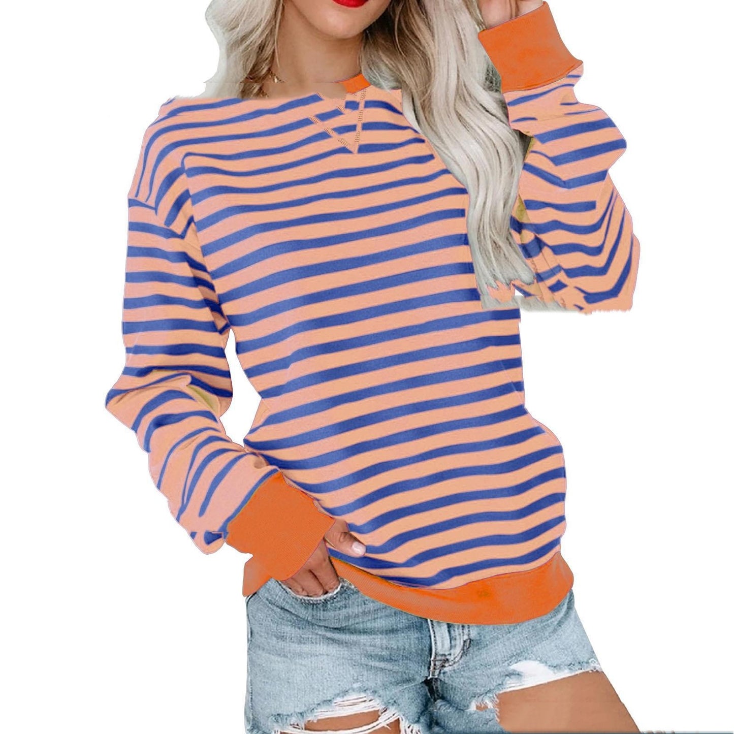 Striped Contrast Color Round Neck Trendy Long-sleeve