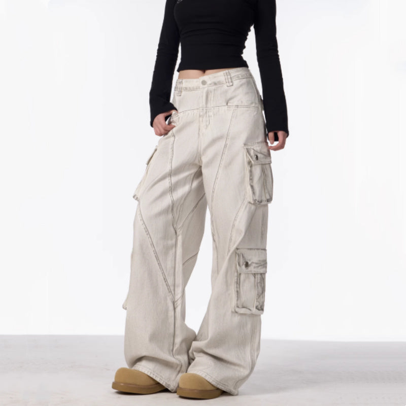 Retro Multi-pocket Cargo Pants Women's Loose Wide Leg Straight Casual Trousers