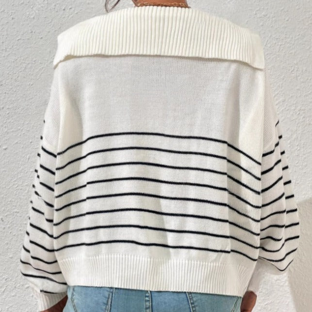 Fashion Striped Contrast Color Long Sleeves Simple Loose And Idle Polo Collar Top