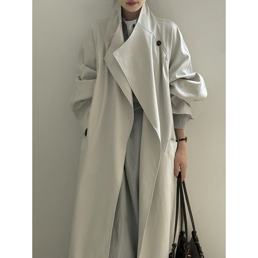 Retro Lapels One Button Mid-length Trench Coat Women's Belt Coat