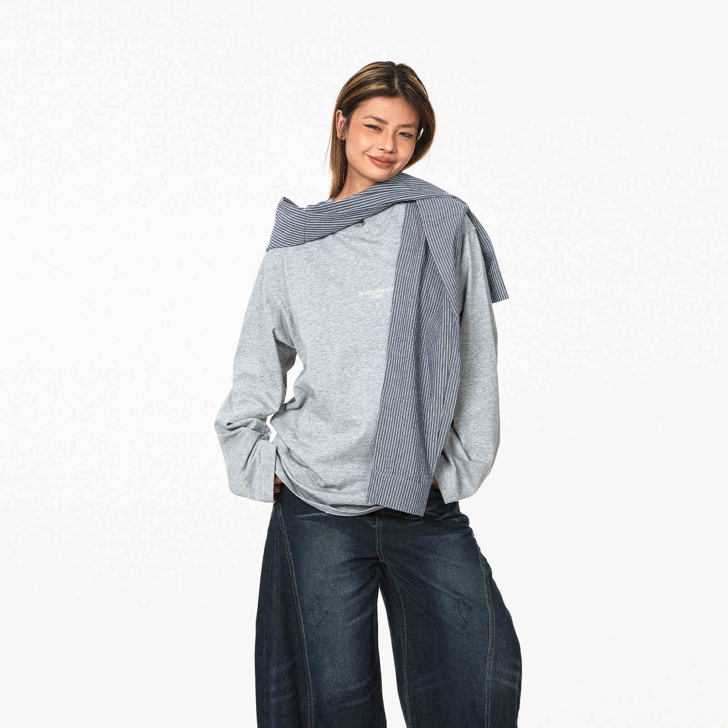 Retro Fake Two-piece Hooded Plaid Shawl Casual Long Sleeve T-shirt Top