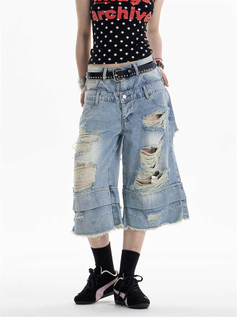 Ripped Denim Cropped Pants Women's Double Waist Loose Shorts
