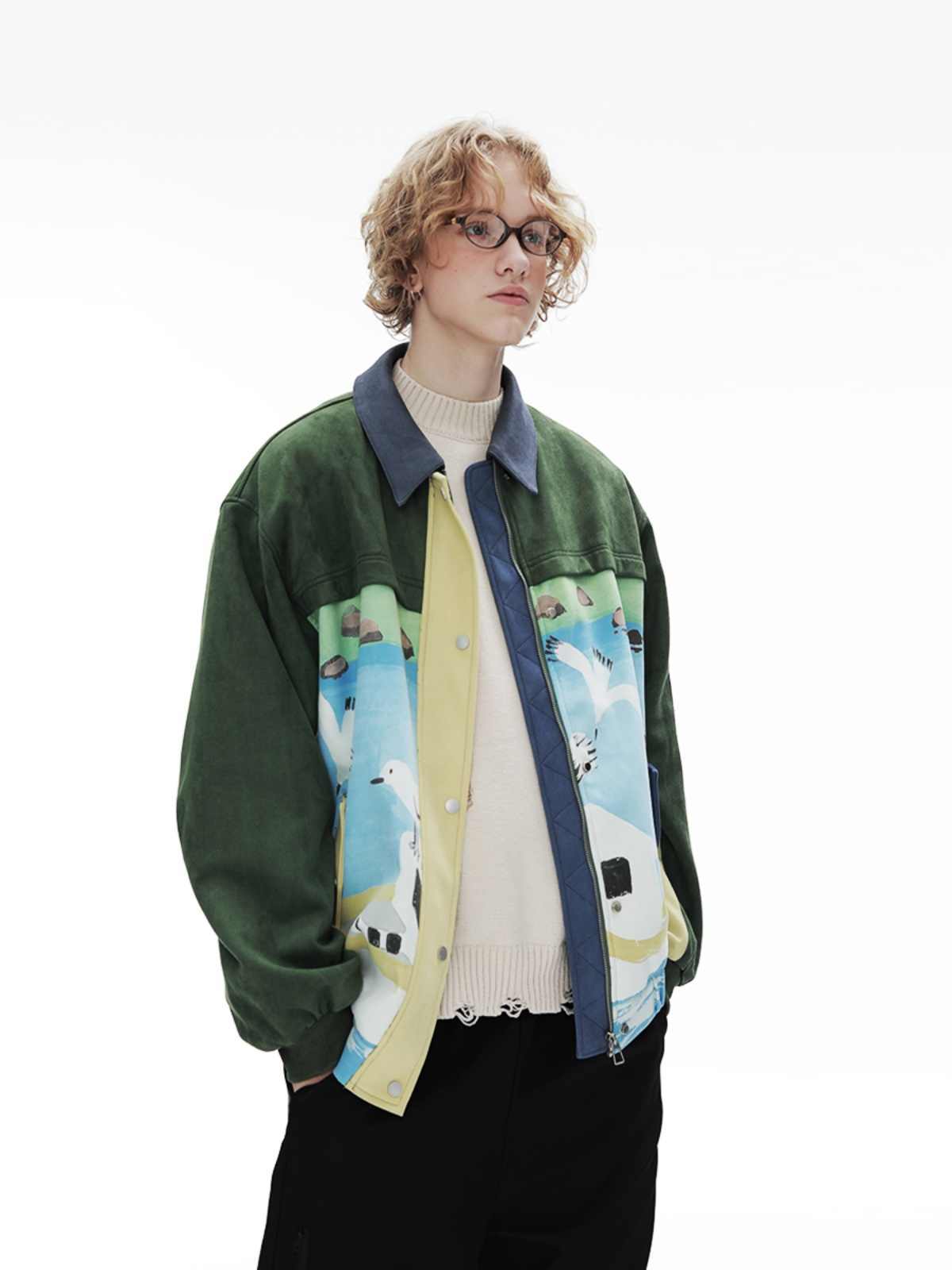 Retro Patchwork Baseball Uniform Men's Flight Suede Jacket