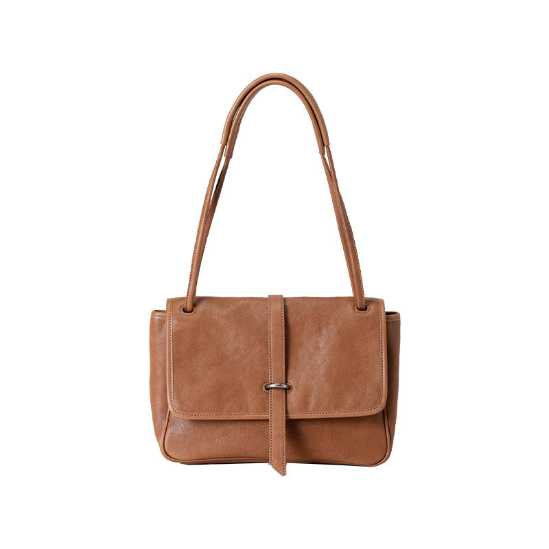 Flap-Closure Shoulder Bag in First-Layer Cowhide Leather