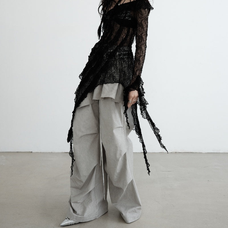 Washed Dirty Dyed Cotton Two-piece Removable Flounced Skirt Swing Casual Pants