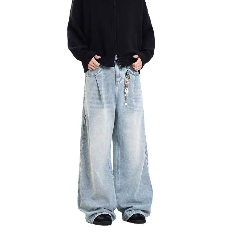 Retro Side Double Oblique Pleated Washed Blue Jeans For Men And Women
