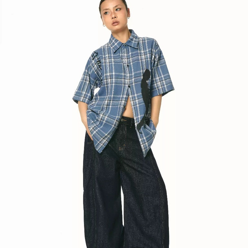 New Blue Color Plaid Loose Short Sleeve Shirt