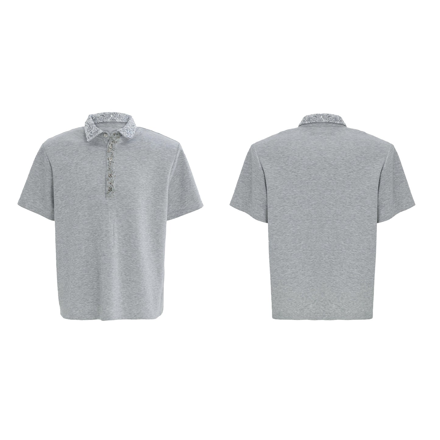 Heavy Embroidery Sequins Square Collar Short Sleeve Pin Loose Polo T-shirt