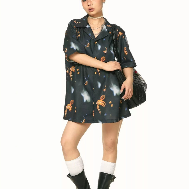 Vintage Print Short Sleeves Shirt Loose Casual