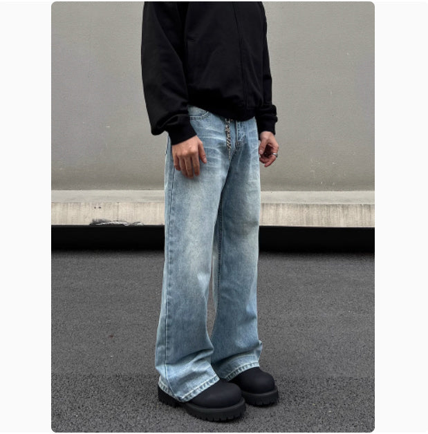 Men's Retro Whisker Washed Blue Straight Jeans