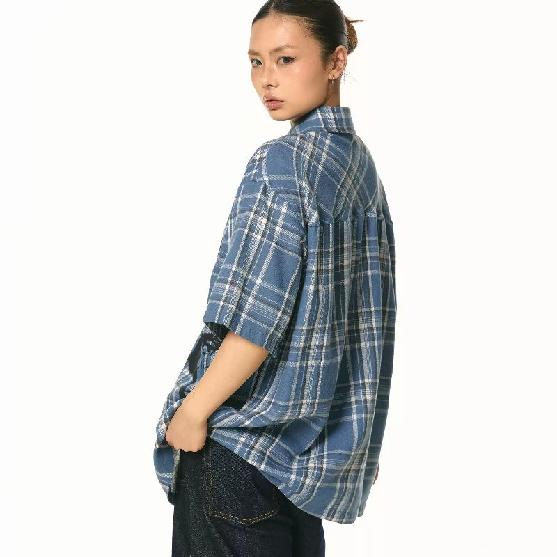 New Blue Color Plaid Loose Short Sleeve Shirt