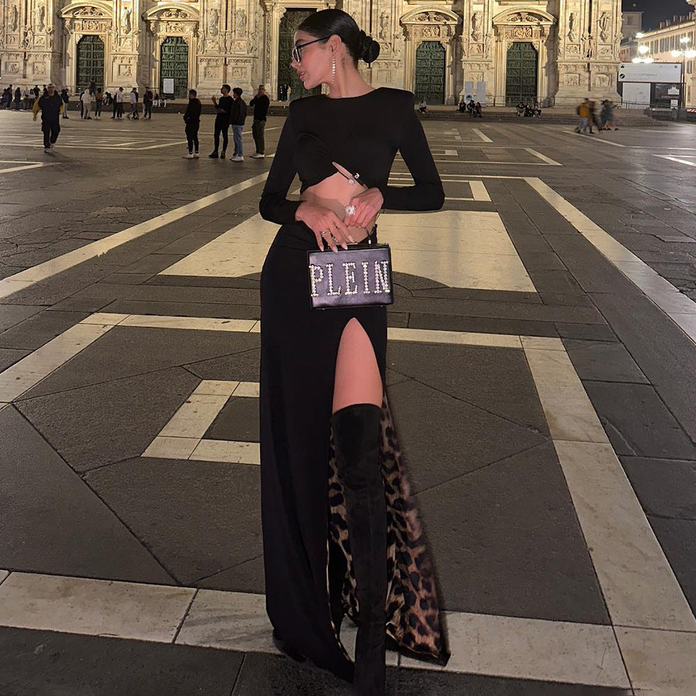 New Black Casual Fashion Two-piece Suit Skirt Suit Leopard Print Lining