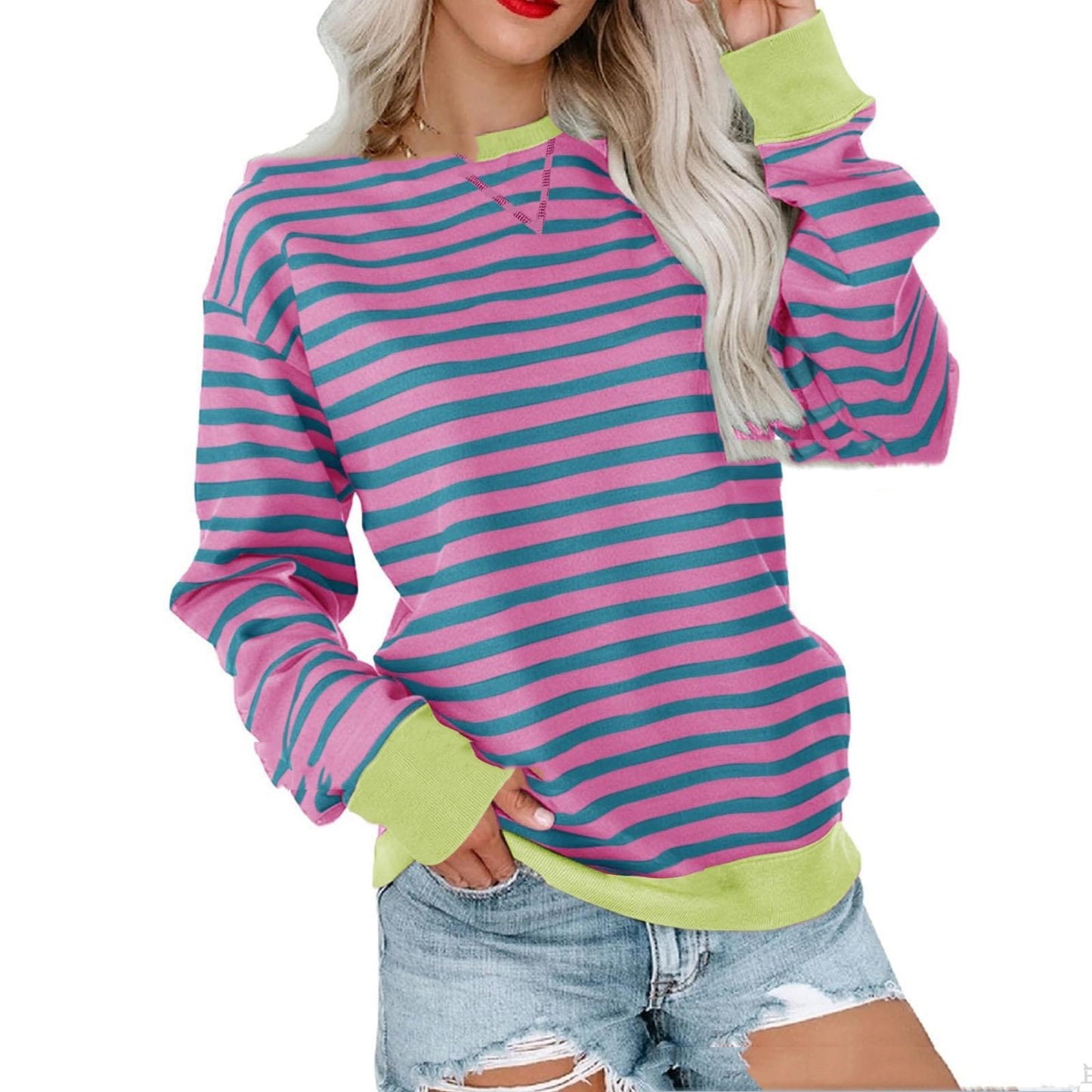Striped Contrast Color Round Neck Trendy Long-sleeve