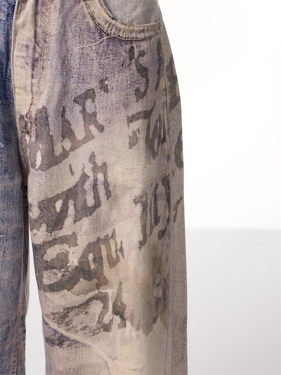 3D Printing Gradient Letter Printed Jeans Long Pants