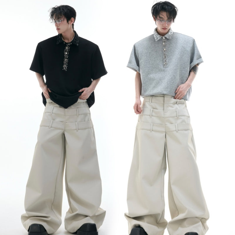 Heavy Embroidery Sequins Square Collar Short Sleeve Pin Loose Polo T-shirt