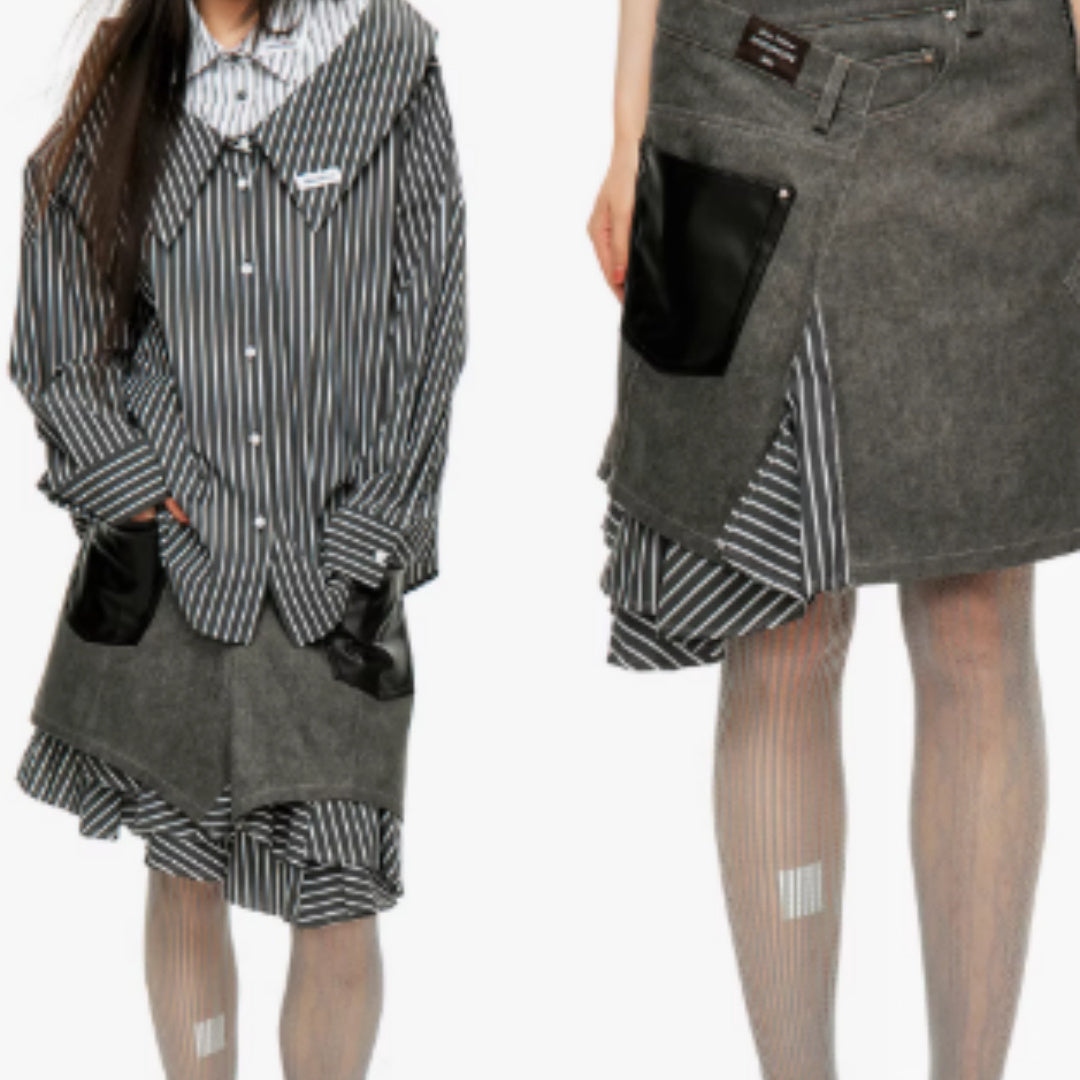 Splicing Irregular Half Skirt, Women's Fringed Twill Mid Skirt