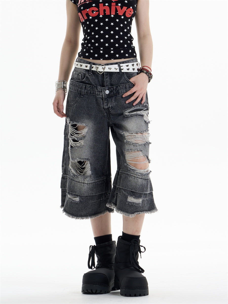 Ripped Denim Cropped Pants Women's Double Waist Loose Shorts