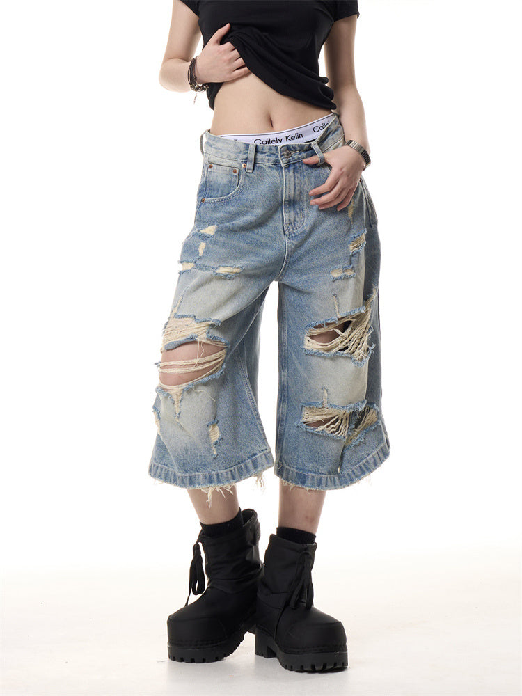 Retro Worn Looking Washed-out Ripped Cat Beard Denim Shorts