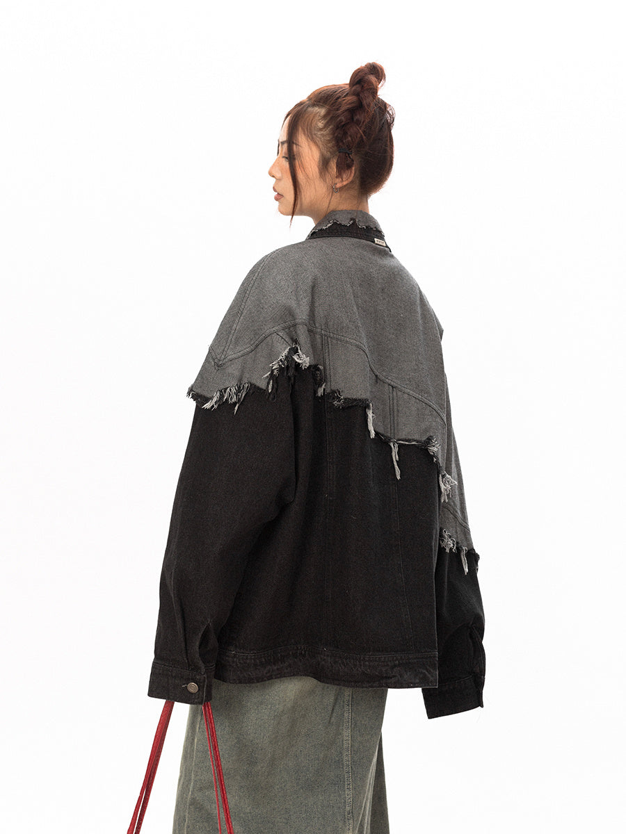 Stitching Design Contrast Color Damage Denim Coat