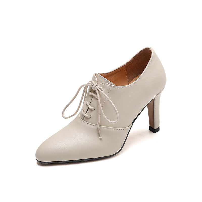 High Heel Lace-up Authentic Leather British Style Pointed Leather Shoes Mid Heel Loafers