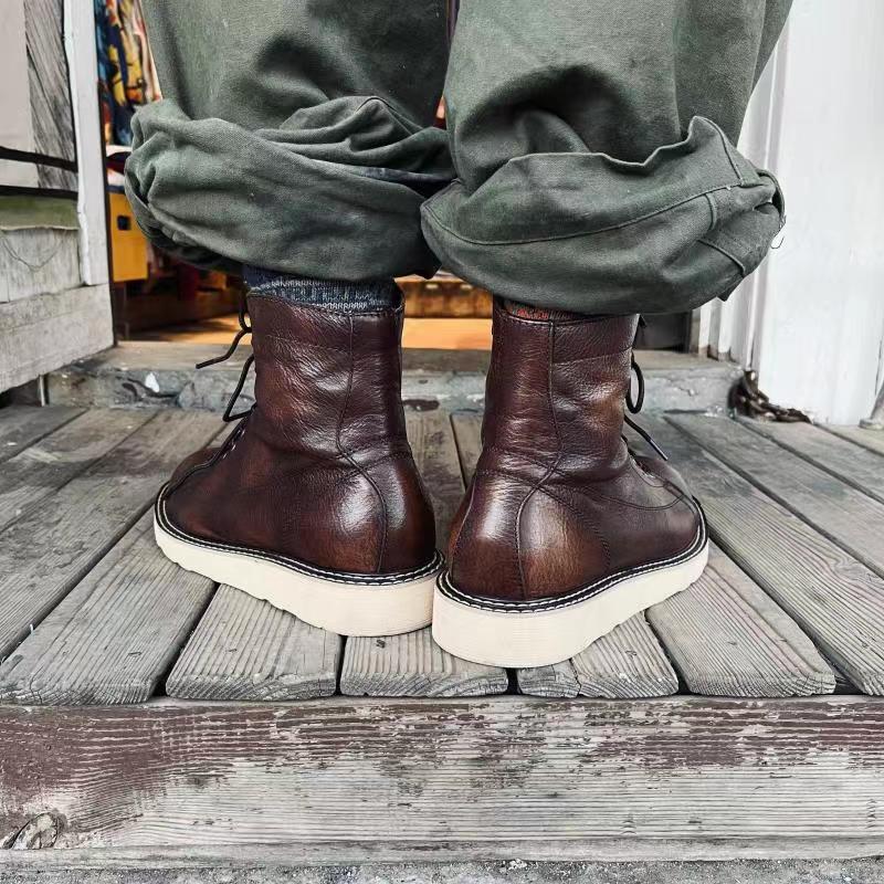 British Style Plus Velvet Leather Mid-top High-top Leather Boots