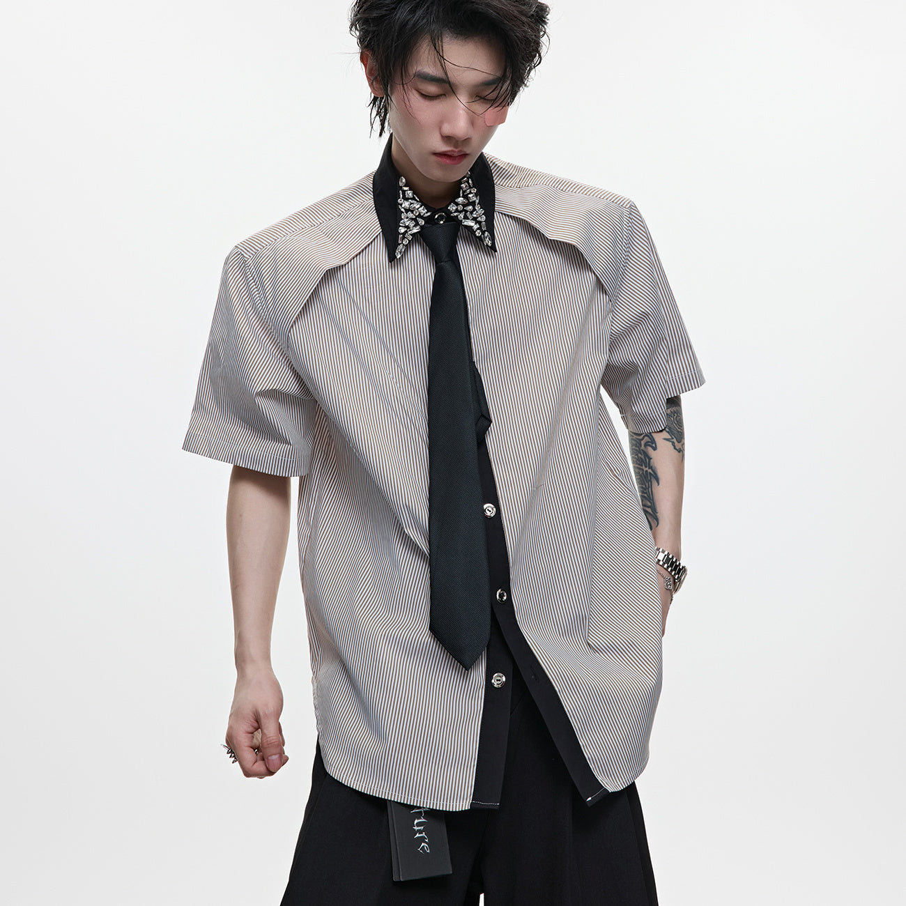 Men's Diamond Tie Dual-color Patchwork Striped Shirt