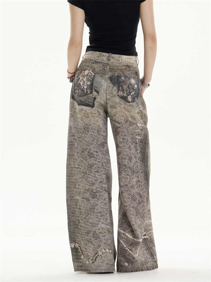 Retro Washed Worn Jeans Loose Straight Wide-leg Pants