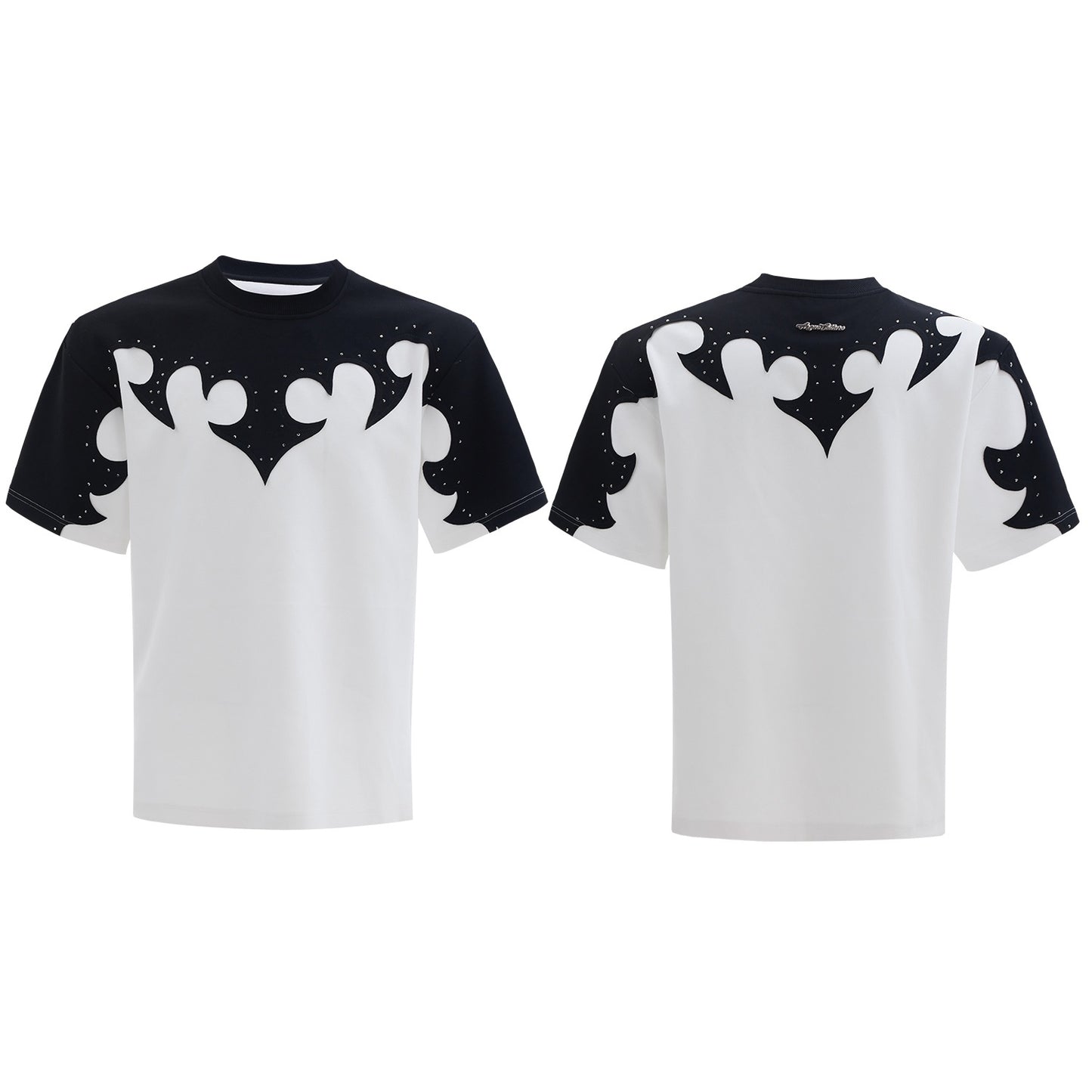 Three-dimensional Stitching Burnt Flower Round Neck Short Sleeve Men's Hot Rhinestone Heavy Cotton