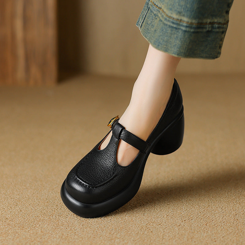 Beige Leather Mary Jane with Rounded Toe and Block Heel