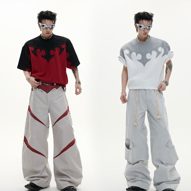 Three-dimensional Stitching Burnt Flower Round Neck Short Sleeve Men's Hot Rhinestone Heavy Cotton