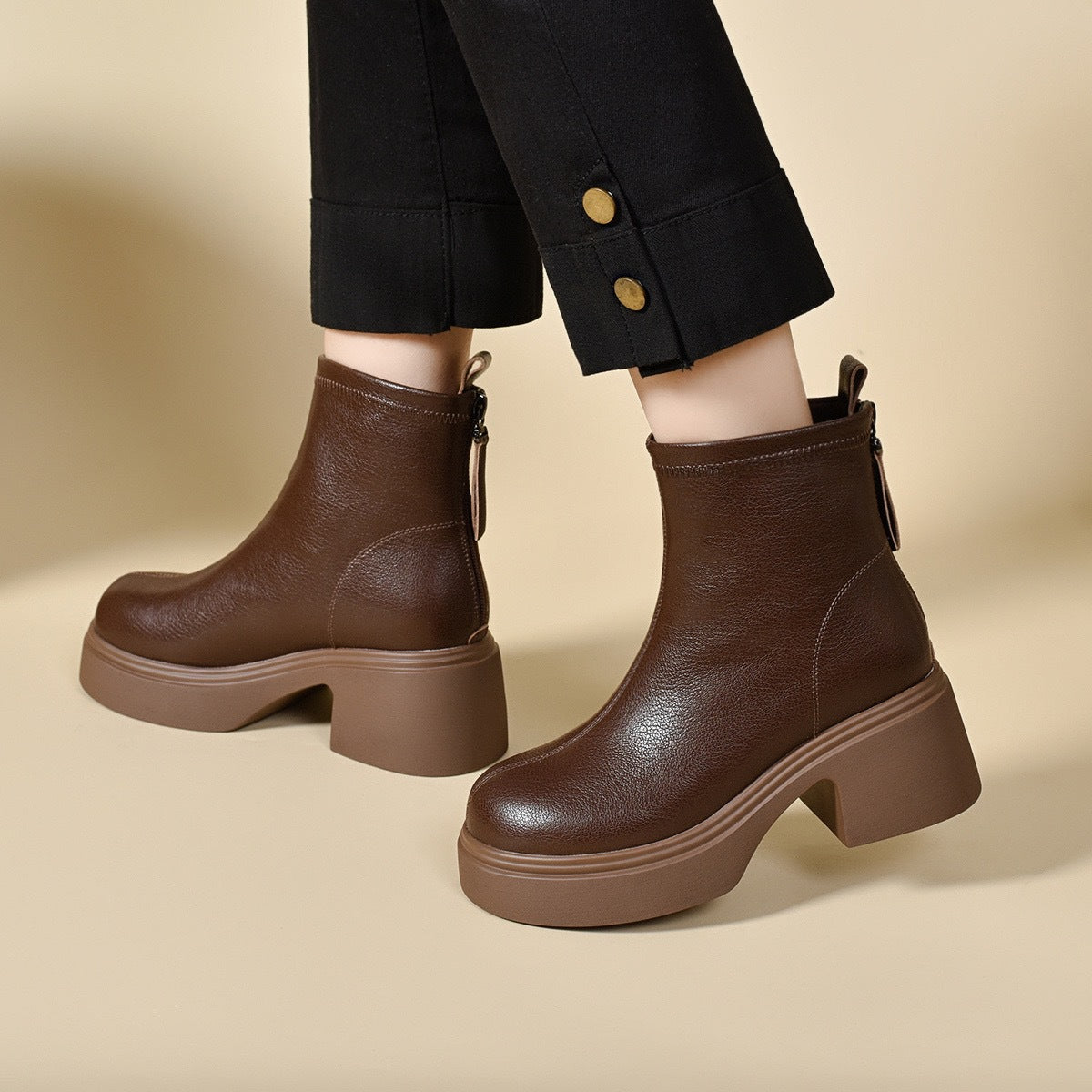 Sheepskin Leather Block Heel Ankle Boots