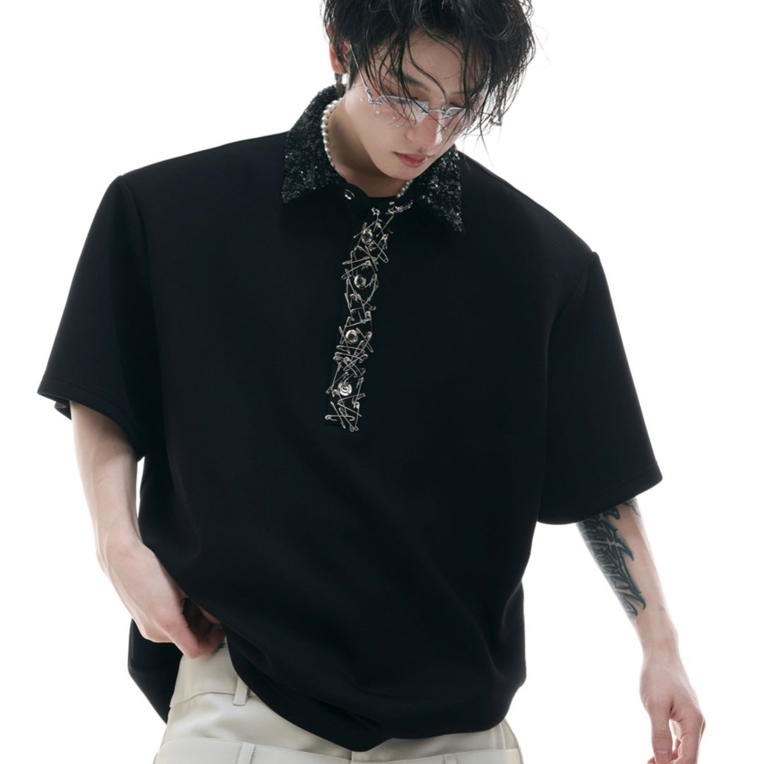 Loose And Versatile Sequined Square Neck Short Sleeved Shirt