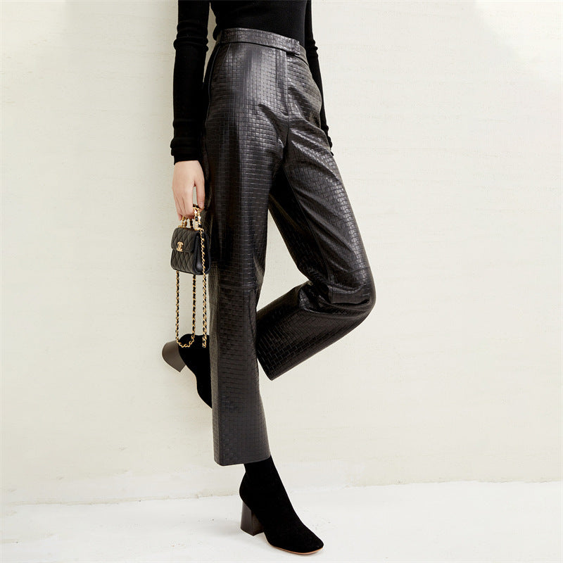 Pocket Embossing Design Sheepskin Straight Pants