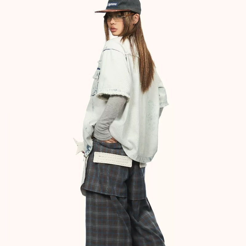 Women's Retro Washed Denim Frayed Short-sleeved Shirt