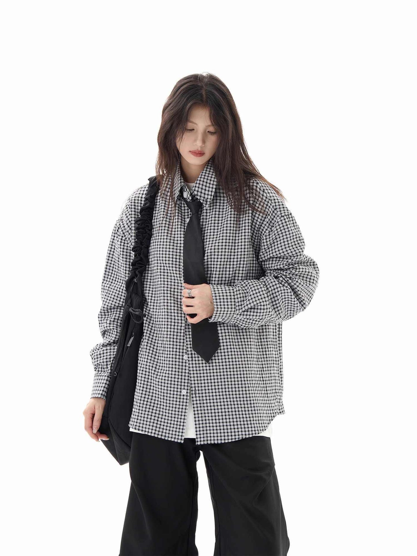 Black Plaid Shirt Long Sleeve Women Casual Loose Shirt Coat